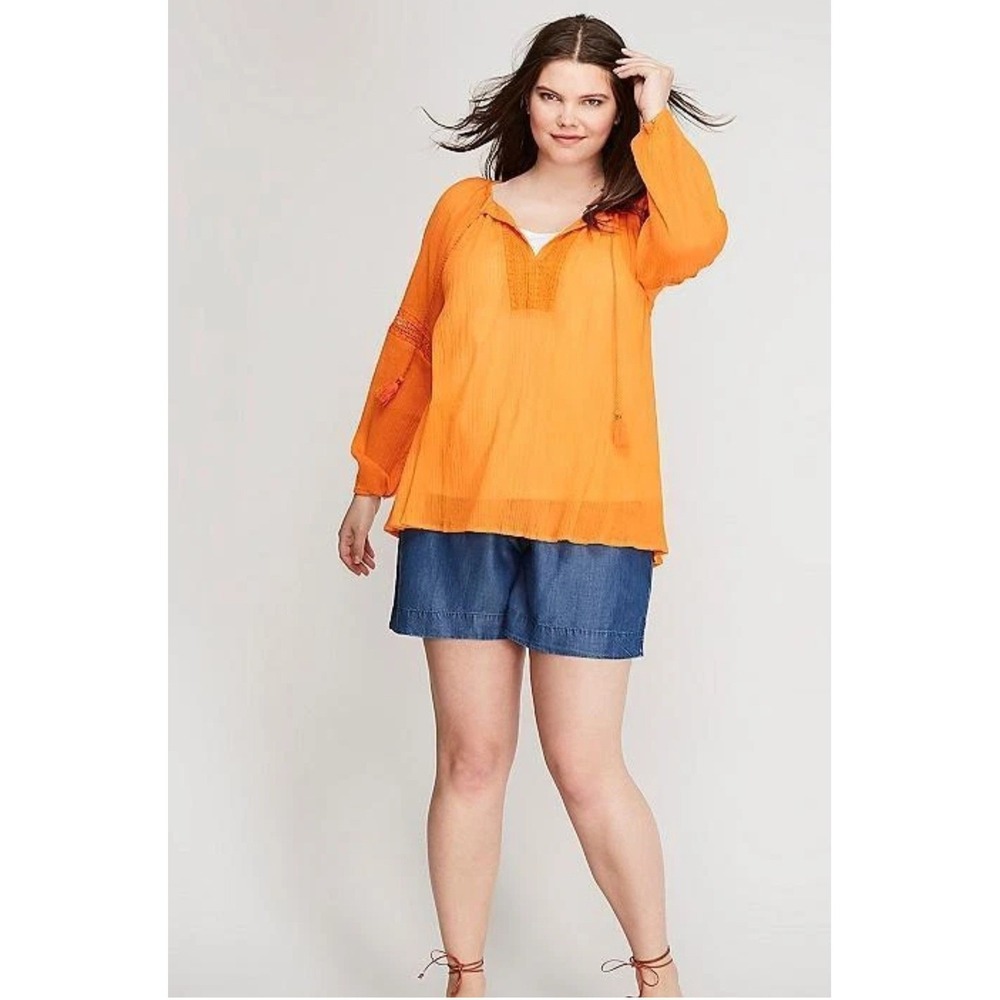 Lane Bryant Blouse Womens 18/20 Orange Cotton Gauze Boho Crochet Lace Beachy Fun